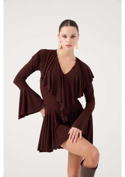 Fırfırlı Mini Yolanthe Elbise Kahve fiyatları