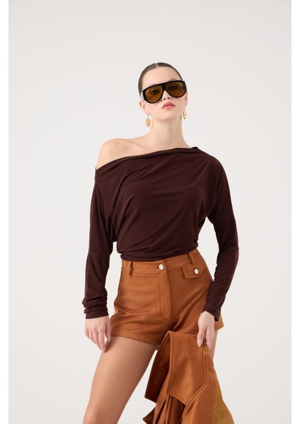 Asimetrik Yaka Talia Bluz Kahve