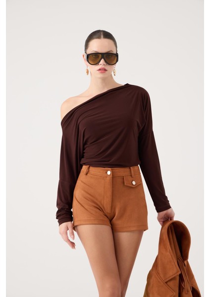 Asimetrik Yaka Talia Bluz Kahve modelleri