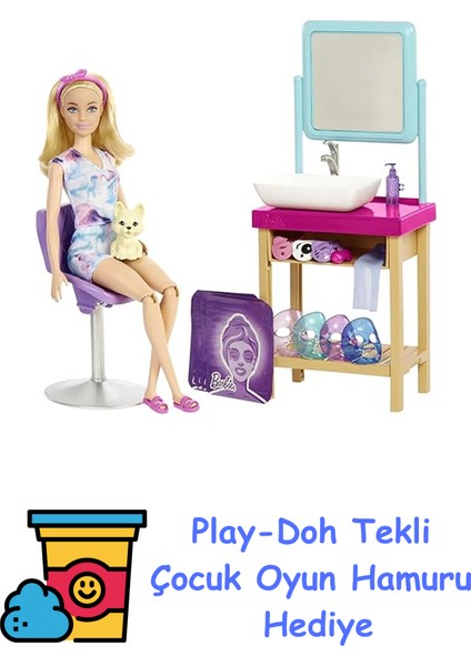 Wellness - Işıltı Dolu Spa Günü Oyun Seti, Sarışın Barbie, 7 Spa Maskesi, Lavabo, Ayna, Sandalyeyle Birlikte 15'ten Fazla Aksesuar, 3-7 Yaş Arası Çocuklar Için + Play-Doh Oyun Hamuru