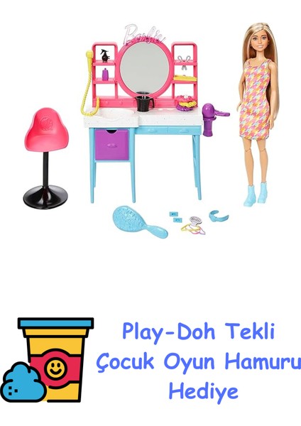 Muhteşem Kuaför Oyun Seti Renk Değiştiren Saç Özellikli Barbie Muhteşem Kuaför Oyun Seti HKV00 + Play-Doh Oyun Hamuru