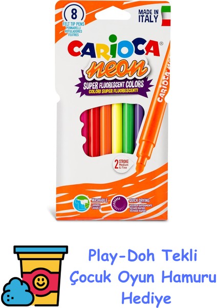 Fosforlu Yıkanabilir Keçeli Boya Kalemi 8'li + Play-Doh Oyun Hamuru