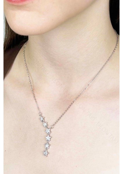 Zirkon Taşlı Yıldızlı Y kolye, Paslanmaz Çelik Kolye 408, Gümüş Renk indirimleri