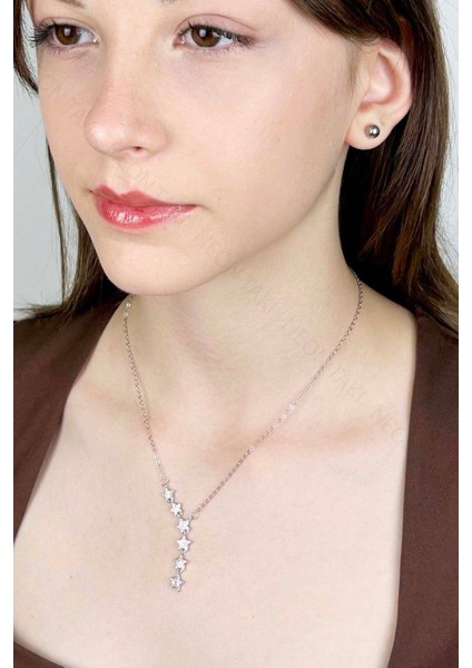 Zirkon Taşlı Yıldızlı Y kolye, Paslanmaz Çelik Kolye 408, Gümüş Renk