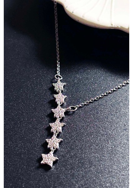 Zirkon Taşlı Yıldızlı Y kolye, Paslanmaz Çelik Kolye 408, Gümüş Renk