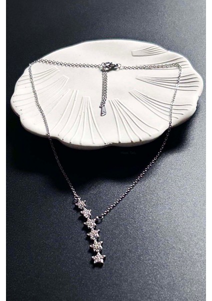 Zirkon Taşlı Yıldızlı Y kolye, Paslanmaz Çelik Kolye 408, Gümüş Renk