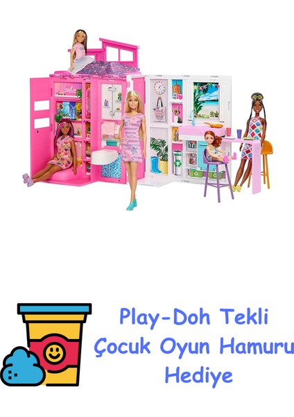 Bebek ve Evi Oyun Seti; Mutfak, Banyo, Çatı Katı Yatak Odası ve Salon Dahil 4 Oyun Alanı Bulunan Yazlık Ev, 11 Dekorasyon Aksesuarı, HRJ77 + Play-Doh Oyun Hamuru