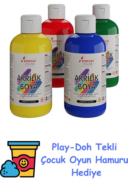 Ana Renkler Akrilik Boya 4'lü Set 4X250 gr + Play-Doh Oyun Hamuru