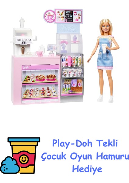 'nin Kahve Dükkanı Barbie'nin Kahve Dükkanı Oyun Seti Sarışın Barista Barbie, Kahve Makinesi ve 10'dan Fazla Aksesuar HXN94 + Play-Doh Oyun Hamuru