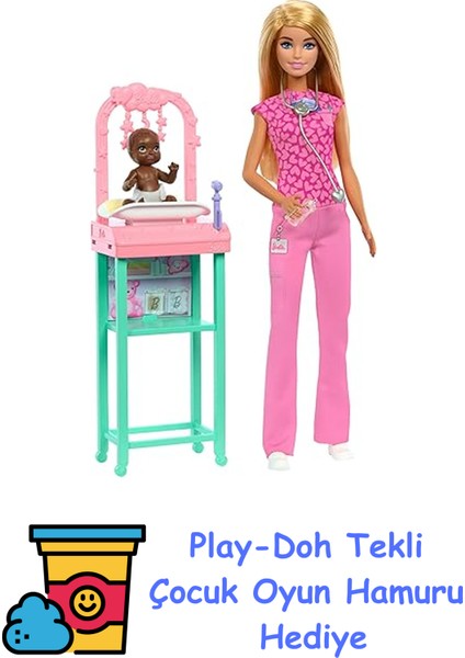 Kariyer Oyun Setleri - Doktor Bebek Çocuk Doktoru Barbie, Sarışın Bebek, 1 Bebek Figürü, Mobilya ve Aksesuarlar JCR72 + Play-Doh Oyun Hamuru