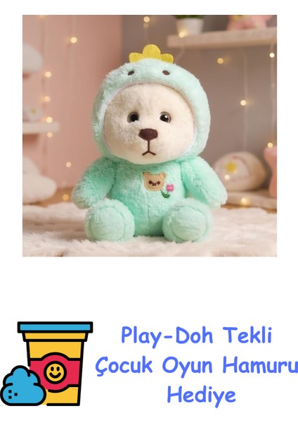 Pufi Şapkalı Peluş Ayıcık | Yumuşacık Uyku Arkadaşı, 35 Cm, Mint Yeşili | Çocuklar Için Doğum Günü Hediyesi | Dinazor Kıyafeti Giyen Pufi Ayıcık + Play-Doh Oyun Hamuru