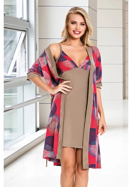 Lady Açık Kahve Penye Gecelik Sabahlık Takım