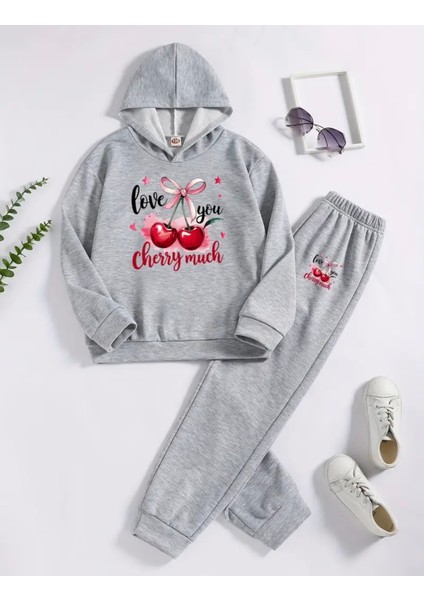 Punıx Kıds Özel Tasarım Cherry Much Baskılı Kapüşonlu Kışlık Kız Çocuk Desıgn Eşofman Takımı