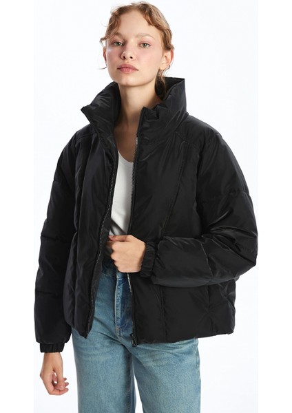 Lcw Vision Siyah Dik Yaka Oversize Deri Görünümlü Kadın Şişme Mont