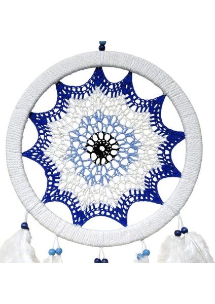 Saks Mavisi Nazar Motifli Kuş Tüylü Duvar Süsü