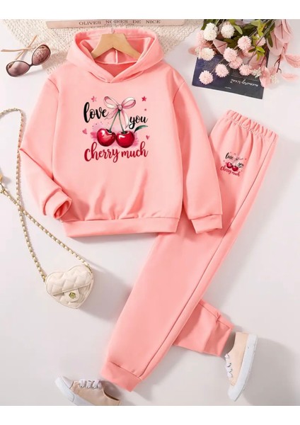 Punıx Kıds Özel Tasarım Cherry Much Baskılı Kapüşonlu Kışlık Kız Çocuk Desıgn Eşofman Takımı