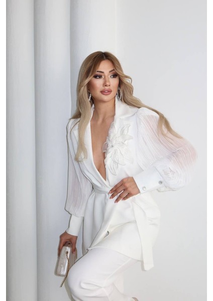 Çiçek Aplikeli Pliseli Kol Kuşaklı Şık Takım modelleri