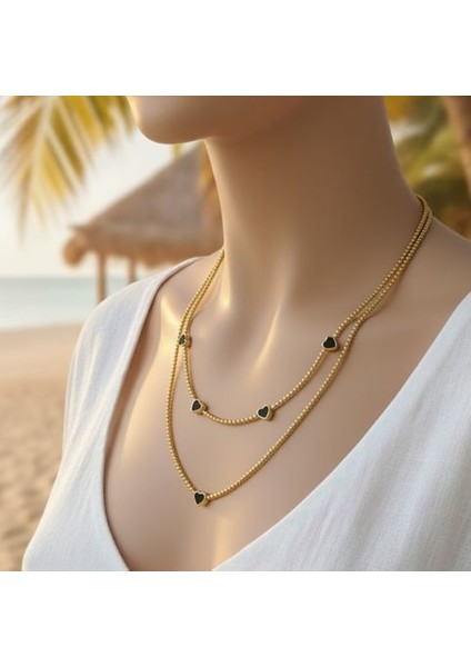 Beş Kalpli Boncuklu Kalpli 2 Li Bir Arada Kadın Kolye Kombin