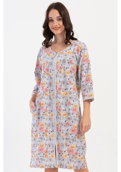 Kadın Büyük Beden Kapri Kollu V Yaka Fermuarlı Gri Melanj Renk Çiçek Desenli Ev Elbisesi C0T9N1804