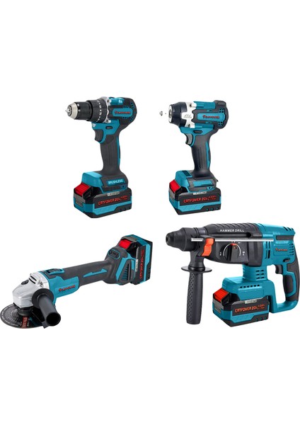 1580 Akülü 4''lü Alet Seti (Kömürsüz Motor) 3 Adet 4 Ah Akü