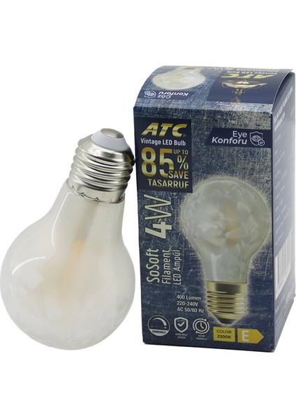 ATC-A60-SS Vintage Sosoft Filament 4W LED Ampul Lamba E27 Kırılmaz Plastik Cam 400 Lümen 2200K 25.000 Saat (5148)