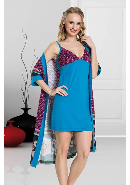 Lady Bordo Mavi Bayan Gecelik Sabahlık Takım