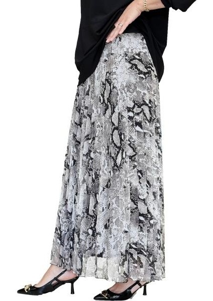 5465 Sentez Desenli Plise Şifon Yılan Desenli Etek