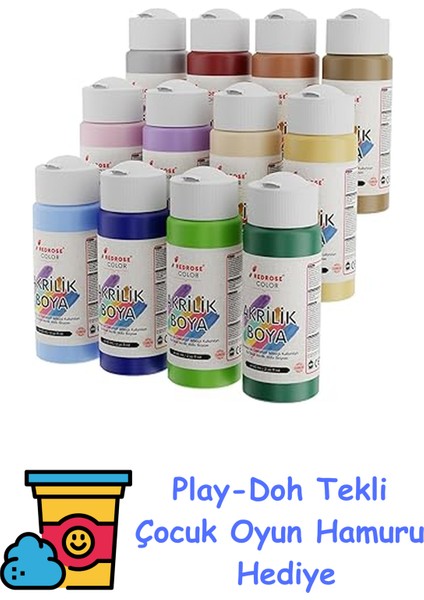 Pastel Renkler Akrilik Boya 12'li Set 12X60 ml + Play-Doh Oyun Hamuru