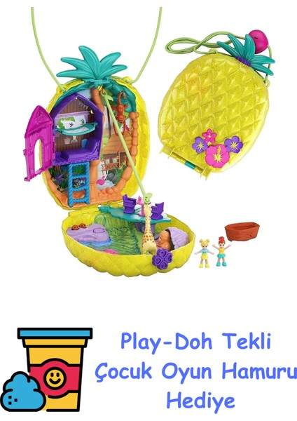 Tropikal Eğlence Giyilebilir Kompakt Ananas Çanta, 8 Eğlenceli Özellik Içeren Kompakt Set, Minik Polly ve Lila Bebekler, 2 Aksesuar ve Çıkartma Sayfası; 4 + Play-Doh Oyun Hamuru