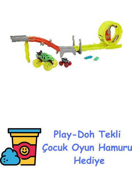 Monster Trucks Power Smashers Oyun Seti Devasa Skelesaurus, 1:64 Ölçekli Bone Shaker ve 2 Ezilmiş Araba ile Hot Wheels Monster Trucks Power Smashers Oyun Se + Play-Doh Oyun Hamuru