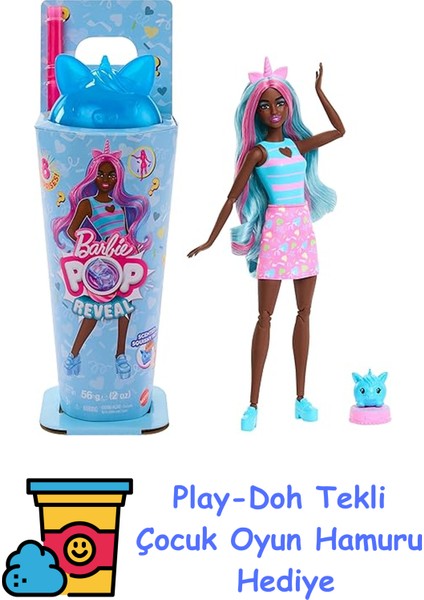 Pop Reveal™ Bebek Barbie Pop Reveal Shakes Serisi Bebek ve Aksesuar Seti, Kokulu ve Şirin Tek Boynuzlu At Temalı Bebek JCN86 + Play-Doh Oyun Hamuru