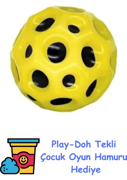 Moon Ball (Yükseğe Zıplayan Top) - 7 cm - Süper Eğlenceli Uzay Topu - Space - Bouncy Ball - Sarı + Play-Doh Oyun Hamuru