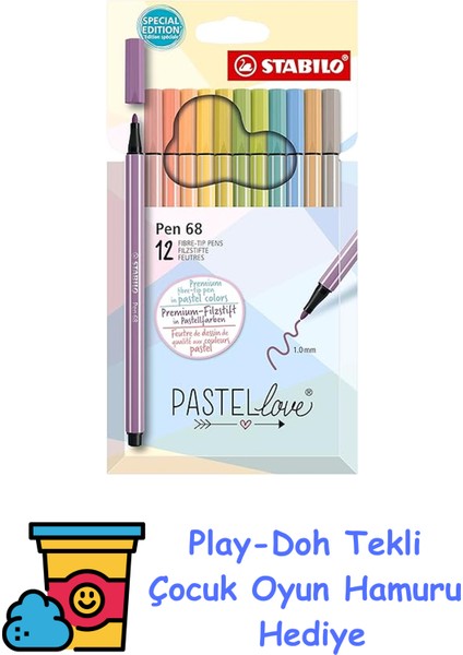 Stabılo Pen 68 Pastellove - Keçe Uçlu Boya Kalemi - 12'li Paket - Çeşitli Renkler + Play-Doh Oyun Hamuru
