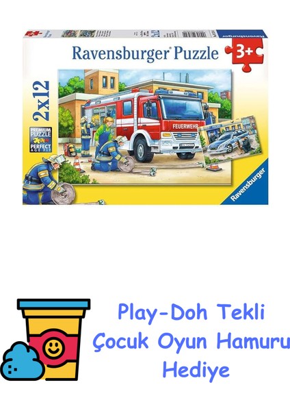 75744 Polis ve Itfaiye Çocuk Puzzle, 2X12 Parça, Çok Renkli + Play-Doh Oyun Hamuru