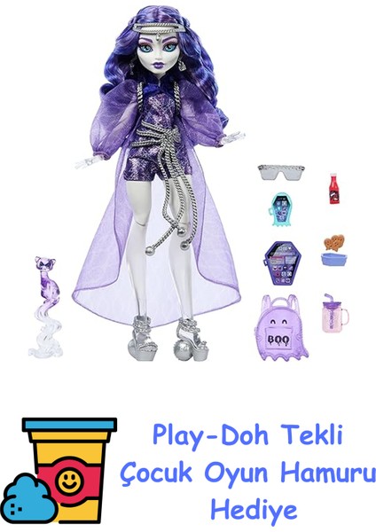 Monster Hıgh Spectra Vondergeıst Bebek Evcil Gelinciği Rhuen ve Aksesuarlarıyla Monster High Spectra Vondergeist Bebek HXH77 + Play-Doh Oyun Hamuru