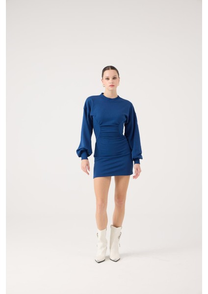 Belden Oturmalı Mini Nancy Elbise Mavi