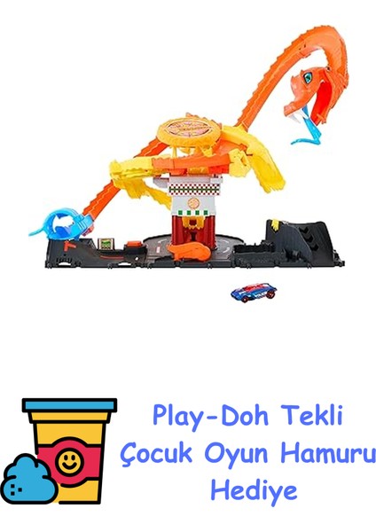 Pizza Dükkanında Kobra Macerası Oyun Seti Hot Wheels Pizza Dükkanında Kobra Macerası Oyun Seti ve 1:64 Ölçekli Oyuncak Araba HTN81 + Play-Doh Oyun Hamuru