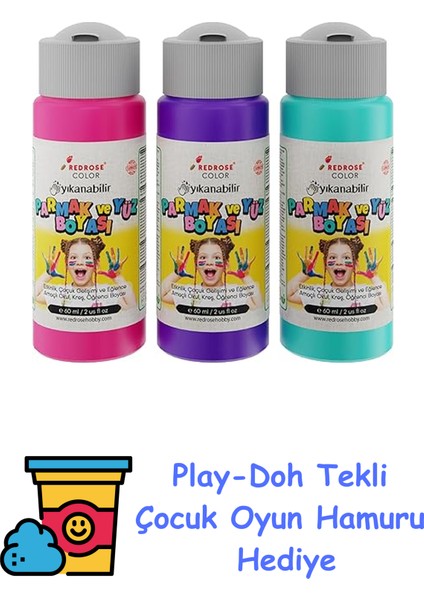 Mor, Fuşya, Turkuaz Parmak Boyası 3'lü Set 3X60 ml + Play-Doh Oyun Hamuru