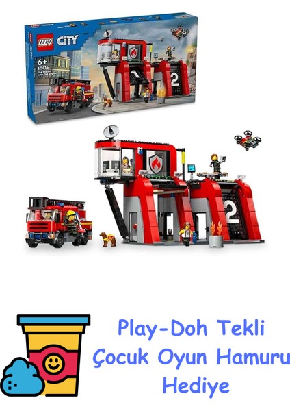 City Itfaiye Kamyonlu Itfaiye Merkezi 60414-6 Yaş ve Üstü Kız ve Erkek Çocukları Için 5 Mini Figür ve 1 Köpek Figürü Içeren Yaratıcı Oyun Seti, Çocuklar Için Doğu + Play-Doh Oyun Hamuru