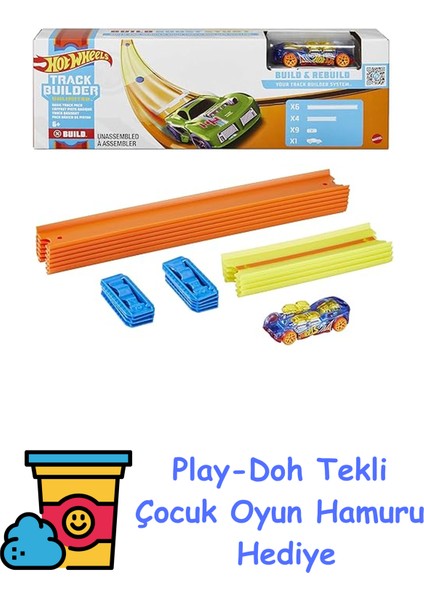 Track Builder Temel Pist Seti, 10 Adet Pist Parçası, 9 Adet Pist Bağlantı Parçası ve Bir Adet 1:64 Ölçekli Hot Wheels Araba Içeren Eklenebilir Pist Inşasına + Play-Doh Oyun Hamuru