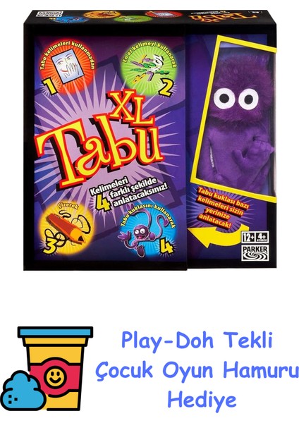 Gaming Tabu Xl Kutu Oyunu, 4 Farklı Oyun Alternatifi, Klasik Oyunun Yanı Sıra Çizerek, Tabu Kuklasıyla Anlatarak ve En Fazla 15 Kelime Kullanarak Tabu Oynayın + Play-Doh Oyun Hamuru