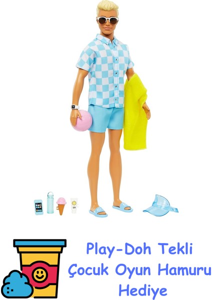 Bebek ve Aksesuarlar Deniz Şortu ve Plaj Temalı Aksesuarları Olan Sarışın Ken Bebek HPL74 + Play-Doh Oyun Hamuru