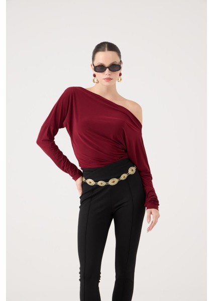 Asimetrik Yaka Talia Bluz Bordo