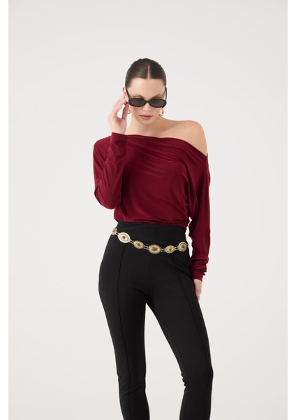 Asimetrik Yaka Talia Bluz Bordo fırsatları