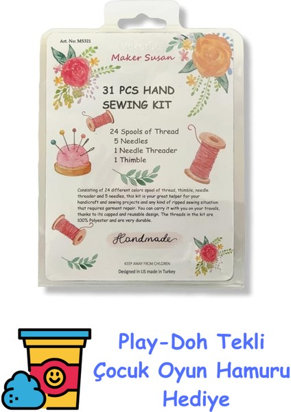 24 Renkli Kullanışlı Polyester Dikiş Ipliği Seti 25M/27YDS Her Biri 5 Dikiş Iğnesi, Yüksük, Seyahat Ailesi Günlük Veya Acil Durum ve Kendin Yap Için Iğne G + Play-Doh Oyun Hamuru