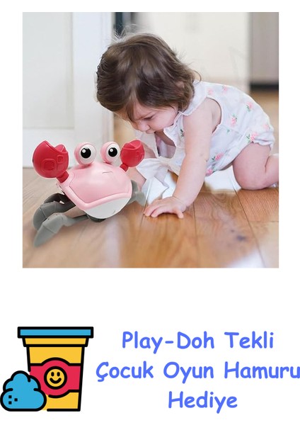 Eğlenceli Sağa Sola Hareket Eden Oyuncak Yengeç - Emeklemeye Yardımcı Sensörlü Hareketli Şarjlı Oyuncak Yengeç (Pembe) + Play-Doh Oyun Hamuru