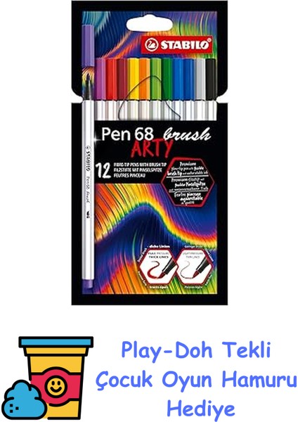 Stabılo Pen 68 Brush Arty - Premium Keçeli Kalem - 12'li Paket - Çeşitli Renkler + Play-Doh Oyun Hamuru