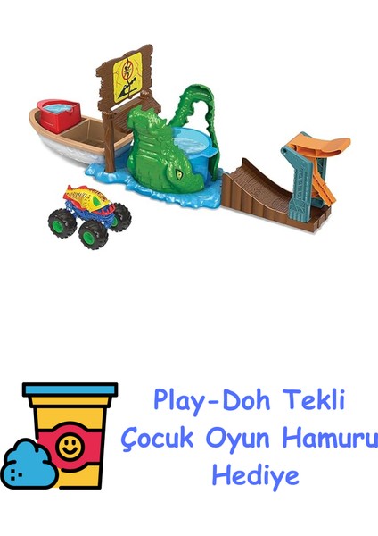 Monster Trucks Renk Değiştiren Araçlar Timsahtan Kaçış Oyun Seti, 4 Yaş ve Üzeri, HGV14 + Play-Doh Oyun Hamuru