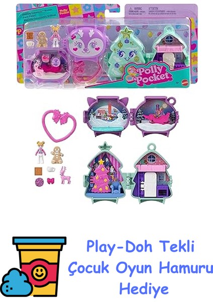 Mini Oyuncaklar Mikro Bebek, Aksesuarlar, Evcil Hayvan Figürü ve Klipsli Seyahat Oyuncağı Içeren ve Üst Üste Koyulabilen Yılbaşı Temalı Kompakt Oyun Setle + Play-Doh Oyun Hamuru