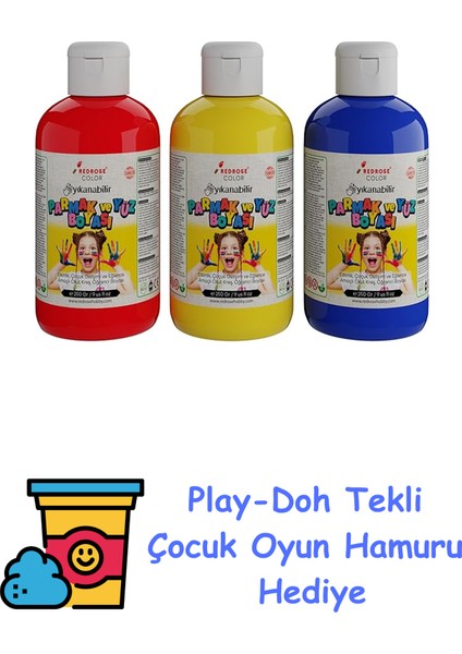 Kırmızı, Mavi, Sarı Parmak Boyası 3'lü Set 3X250 gr + Play-Doh Oyun Hamuru